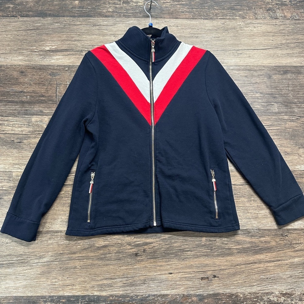 Tommy Hilfiger Navy Blue Zip-Up Hoodie with Chevron Design